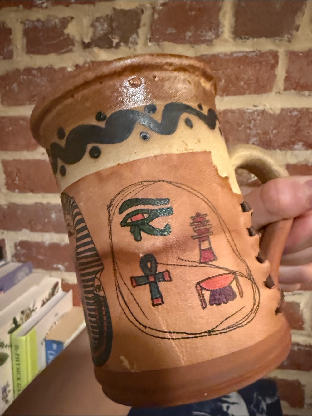 Handmade Egyptian Pottery Mug Leather Accents Ancient Egyptian Design